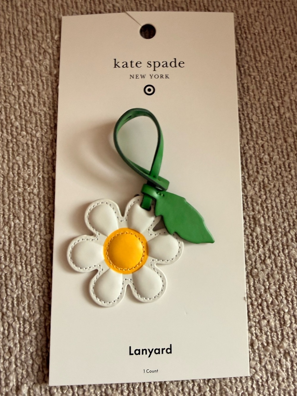 Kate Spade White Daisy Lanyard with Yellow Center and Green Leaf NWT